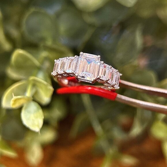 Sparkling 925 Silver Emerald Cut CZ’s Ring - Picture 5 of 10